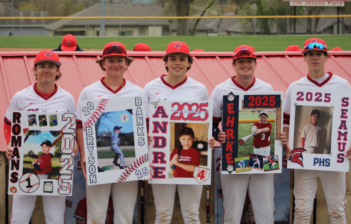 Seniors Dillon Romans, Bryson Banks, Andre Dominguez, Nathan Ehrke, and Seamus Ryley on senior night.